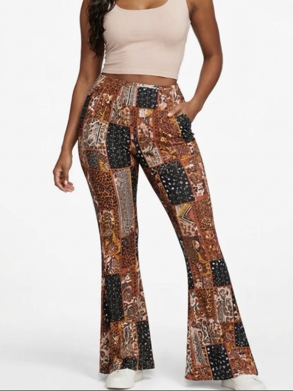 No boundaries patchwork print flare boho pants stretchy